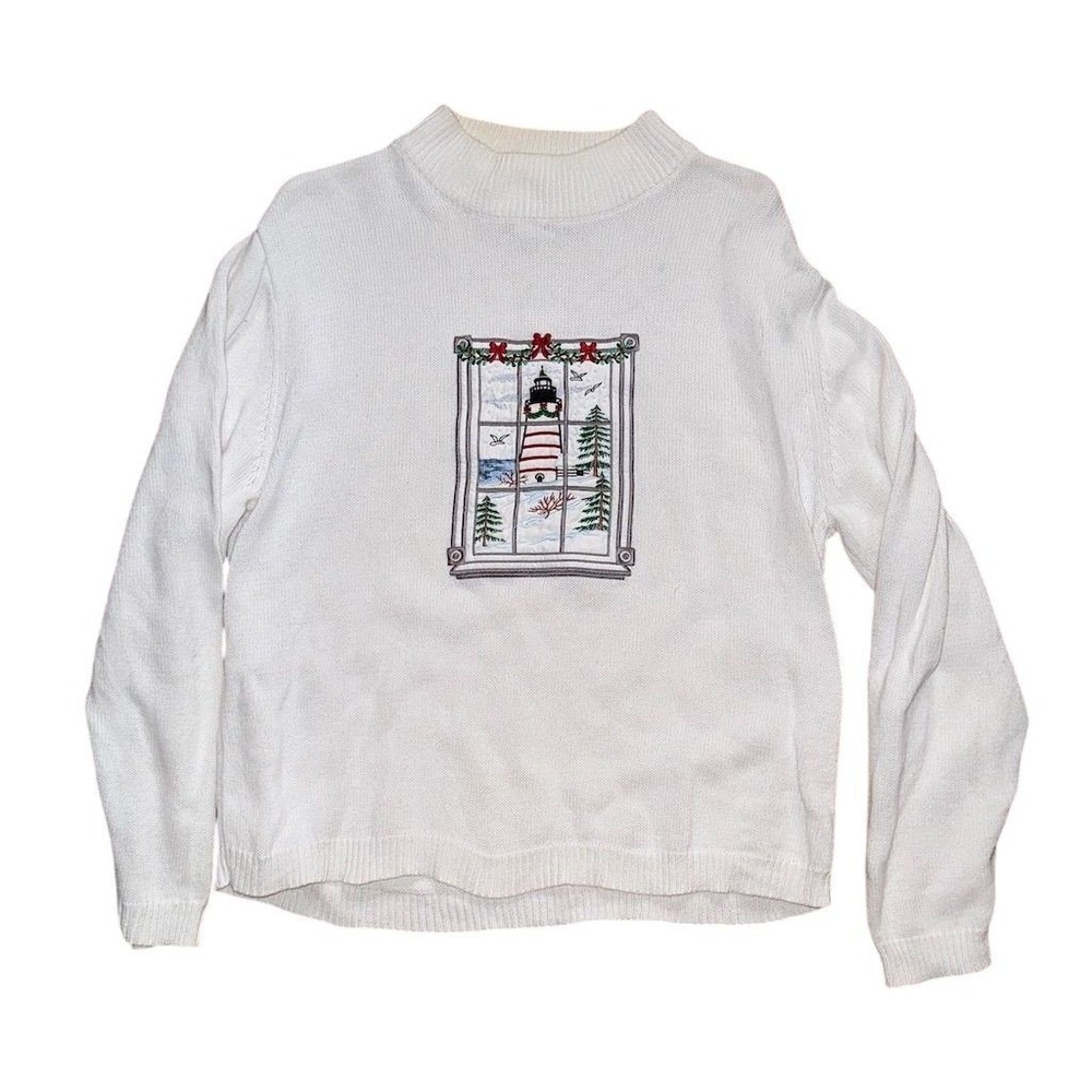 Southern Lady Vtg Lighthouse Christmas Sweater Women S coastal grandma‎ nautical